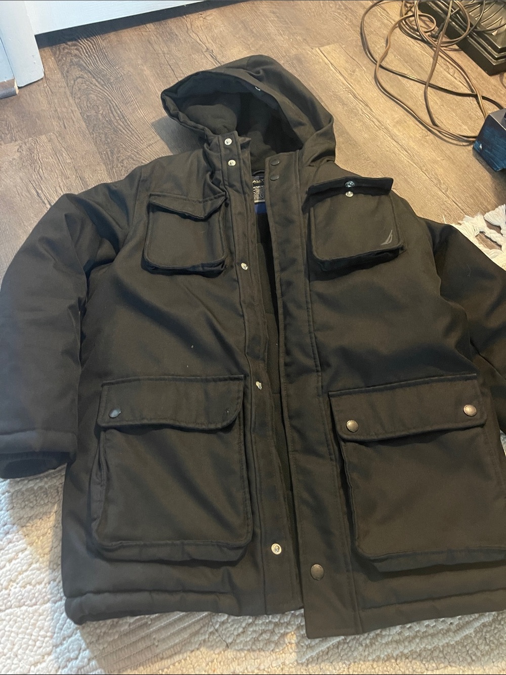 Nautica Black Hooded Puffer Jacket with Front Flap Pockets